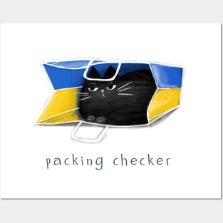 Cartoon black cat in the package and the inscription "Packing Checker". Posters and Art